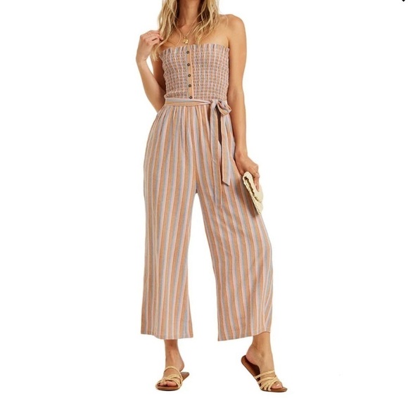 Billabong Multi Color Forward Feelings Smocked Spaghetti Strap Belted Jumpsuit L - Picture 11 of 17